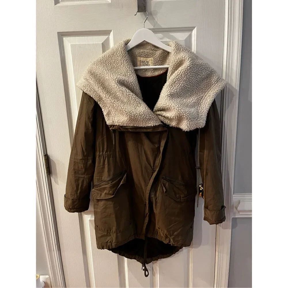 Thread & Supply Olive Green Fleece Hooded Barn Utility Jacket sz. M EUC